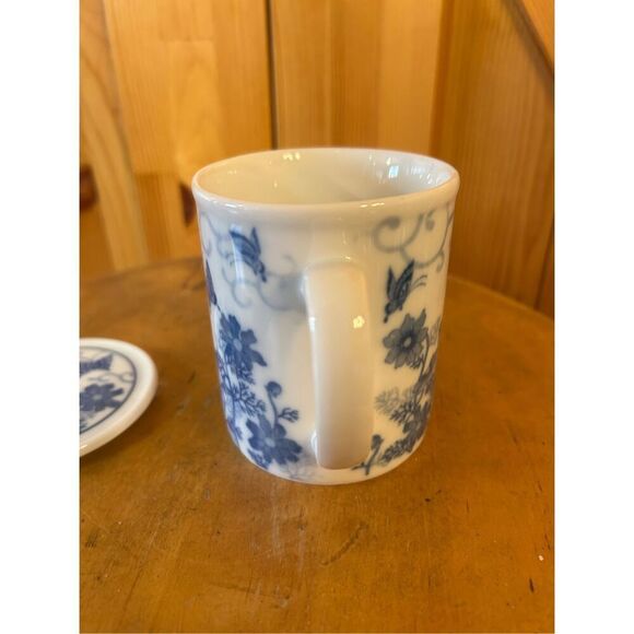 Vintage Windward Training Co Japan Blue & White Floral Coffee Cup Mug W/Cover Li - Picture 5 of 10